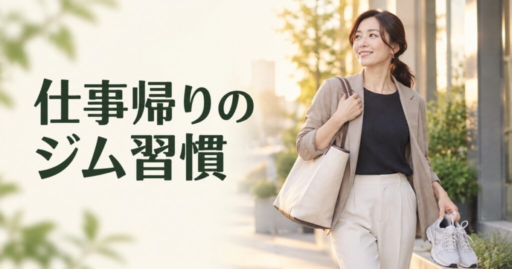 夕方の街を、バッグと運動靴を持って歩く女性のイメージ。「仕事帰りのジム習慣」の文字入り