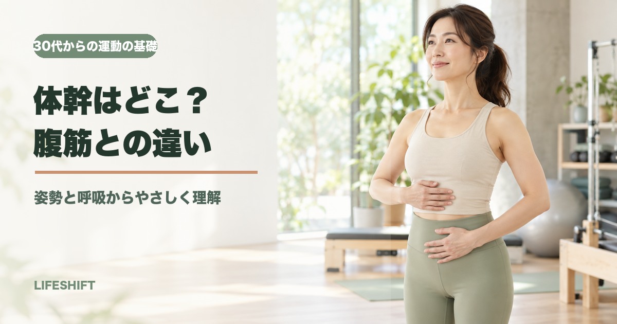呼吸を意識しながら体幹の感覚を確認する30代以降の女性のイメージ