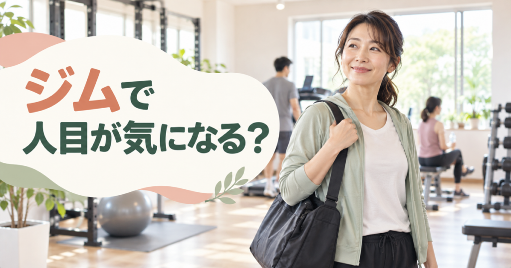 明るいジムでバッグを持つ30代以降の女性と「ジムで人目が気になる？」の文字を配置したアイキャッチ