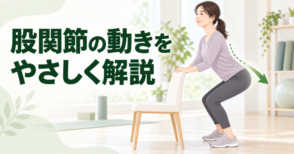 椅子に手を添えて浅いスクワットをする女性と「股関節の動きをやさしく解説」の文字を配したアイキャッチ画像