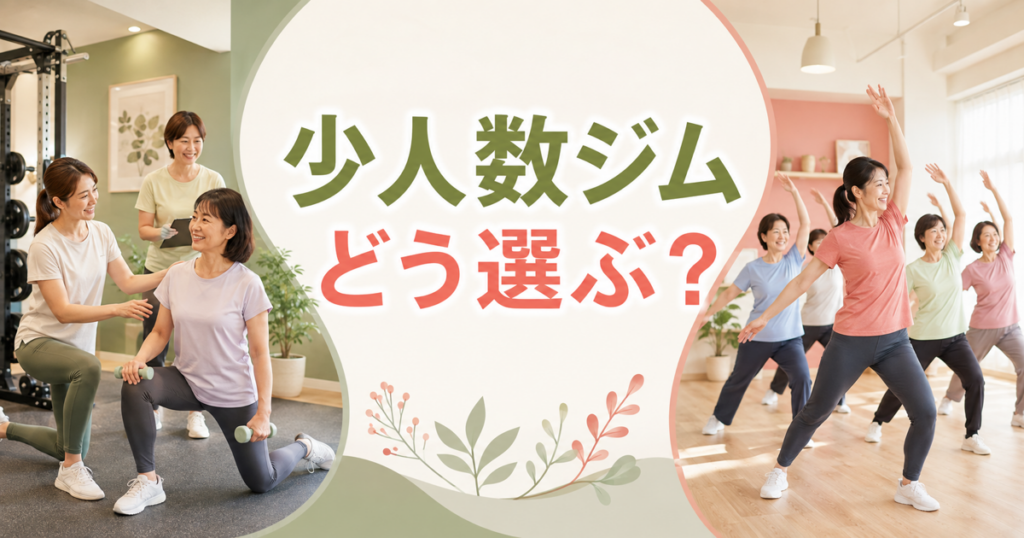少人数で個別にサポートを受ける女性と、インストラクターに合わせて運動するグループを左右に描いた比較イラスト