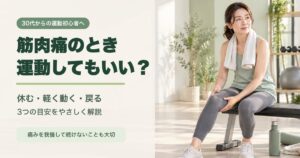 筋肉痛がある日に休むか軽く動くか迷う女性と、休む・軽く動く・段階的に戻るという3つの選択肢
