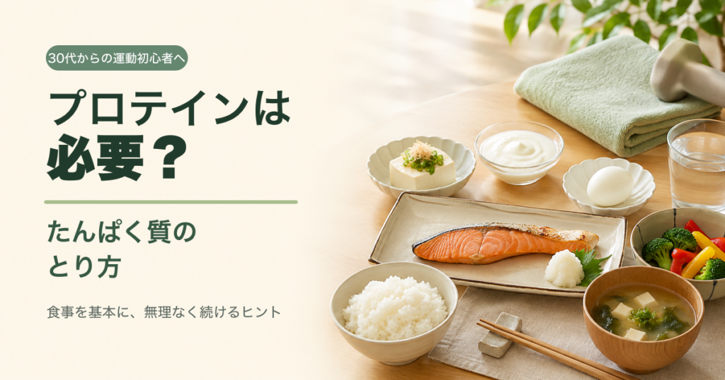 焼き鮭、豆腐、卵、ヨーグルトなどの食事と、プロテインの必要性を問いかける日本語タイトル