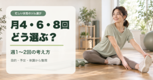 明るいスタジオでストレッチする女性と、月4・6・8回どう選ぶという日本語タイトル