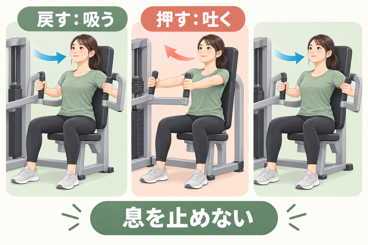 筋トレ中は戻すときに吸い、押すときに吐き、息を止めないことを示す3段階の図