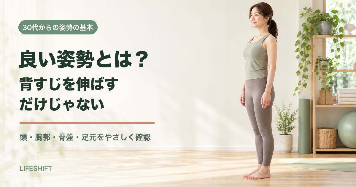 明るい室内で自然に立つ30代以降の女性と「良い姿勢とは？」の文字を配置したアイキャッチ