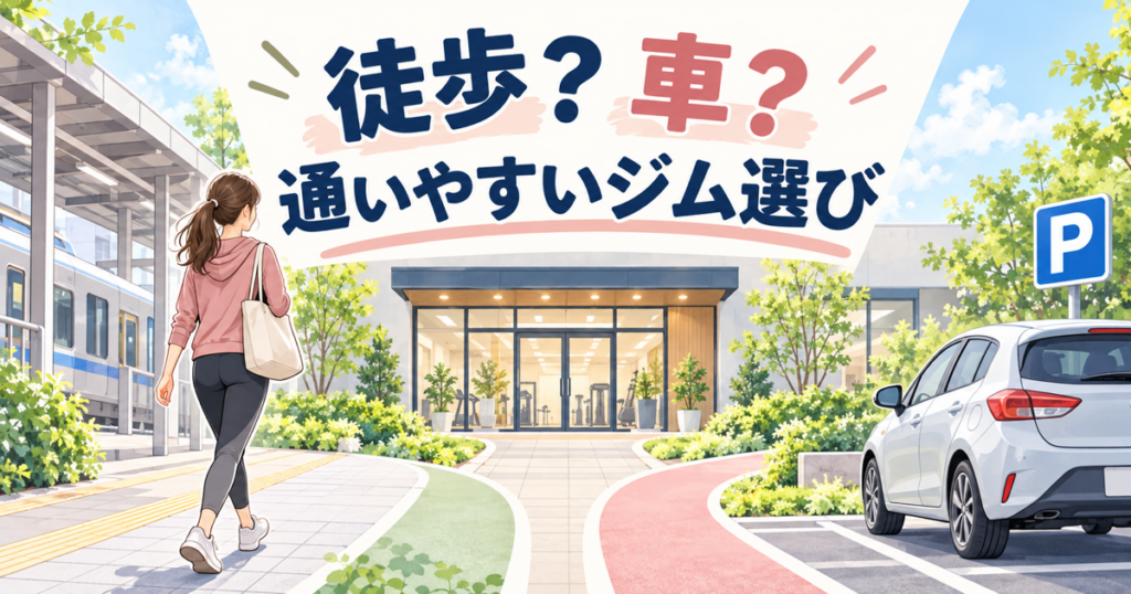 駅から歩く女性と駐車場の車がジムへ向かう二つの経路を描いたイラスト