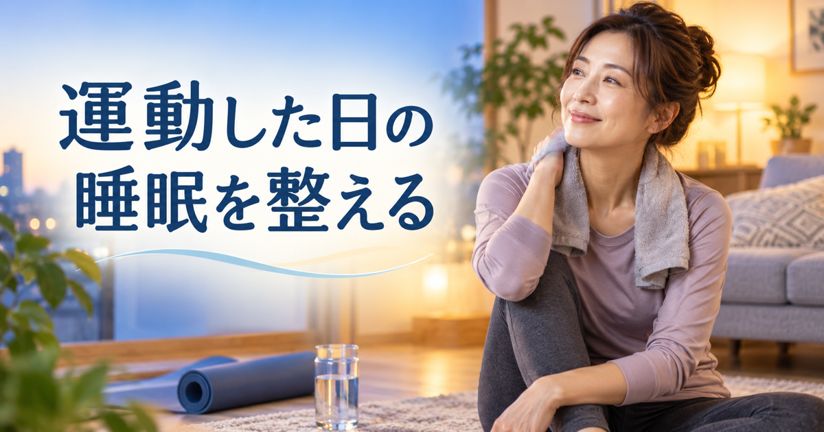 夜の運動後に落ち着いて過ごす30代以降の女性と『運動した日の睡眠を整える』の文字を配置したアイキャッチ
