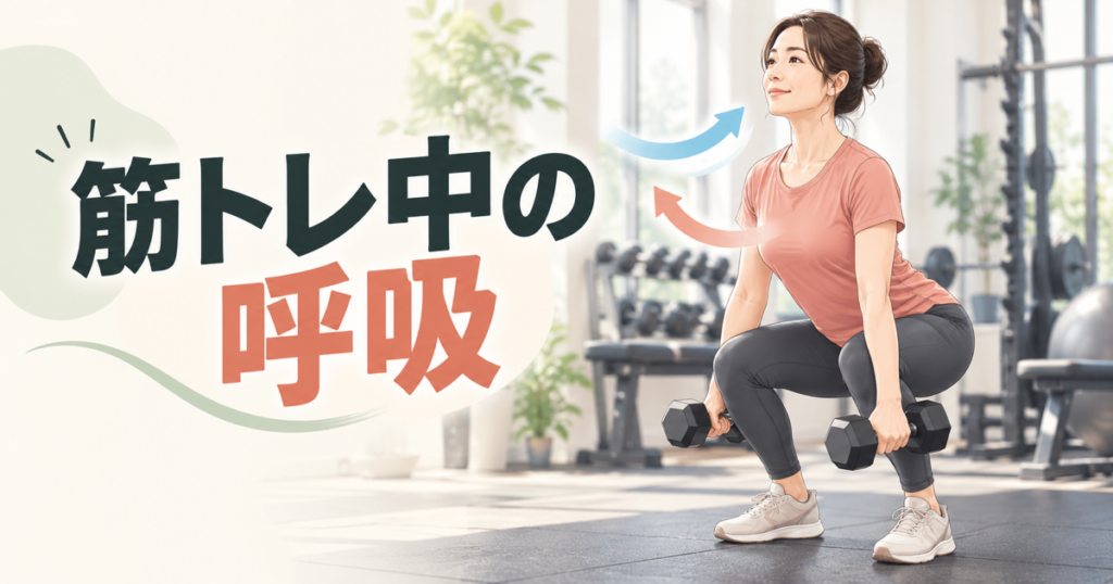 筋トレ中の呼吸をテーマに、ダンベルスクワットを行う女性と呼吸の矢印を描いたイラスト
