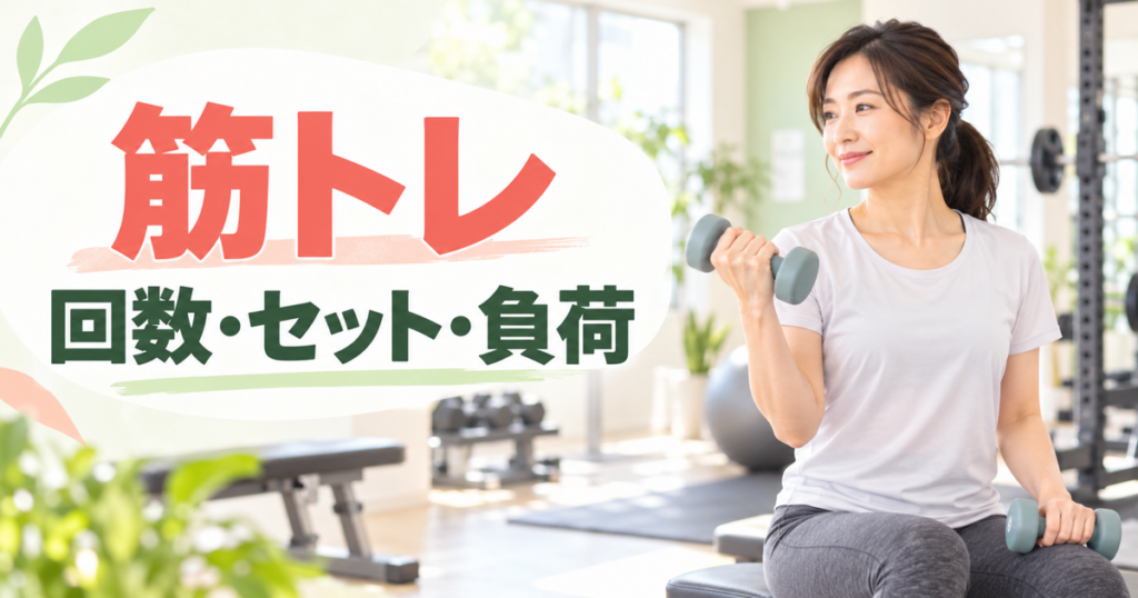 明るいジムで軽いダンベルを持つ女性と「筋トレ 回数・セット・負荷」の文字