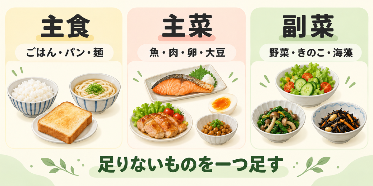 主食はごはん・パン・麺、主菜は魚・肉・卵・大豆、副菜は野菜・きのこ・海藻と示した図解